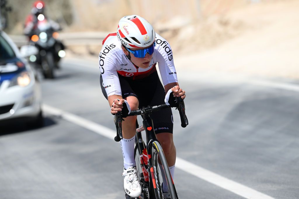 OLBIA ITALY JULY 02 Victoire Berteau of France and Cofidis Fminin Team attacks during the 33rd Giro dItalia Donne 2022 Stage 3 a 1134km stage from Cala Gonone to Olbia GiroDonne UCIWWT on July 02 2022 in Olbia Italy Photo by Dario BelingheriGetty Images