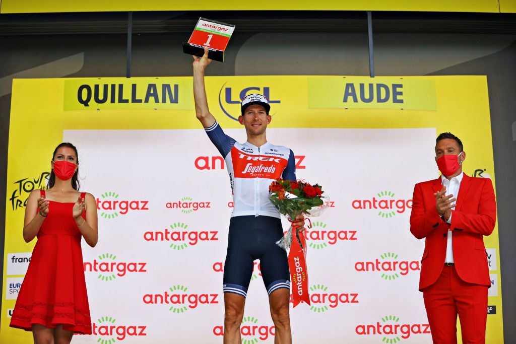 QUILLAN FRANCE JULY 10 Bauke Mollema of The Netherlands and Team Trek Segafredo Most Combative Rider celebrates at podium during the 108th Tour de France 2021 Stage 14 a 1837km stage from Carcassonne to Quillan LeTour TDF2021 on July 10 2021 in Quillan France Photo by Tim de WaeleGetty Images
