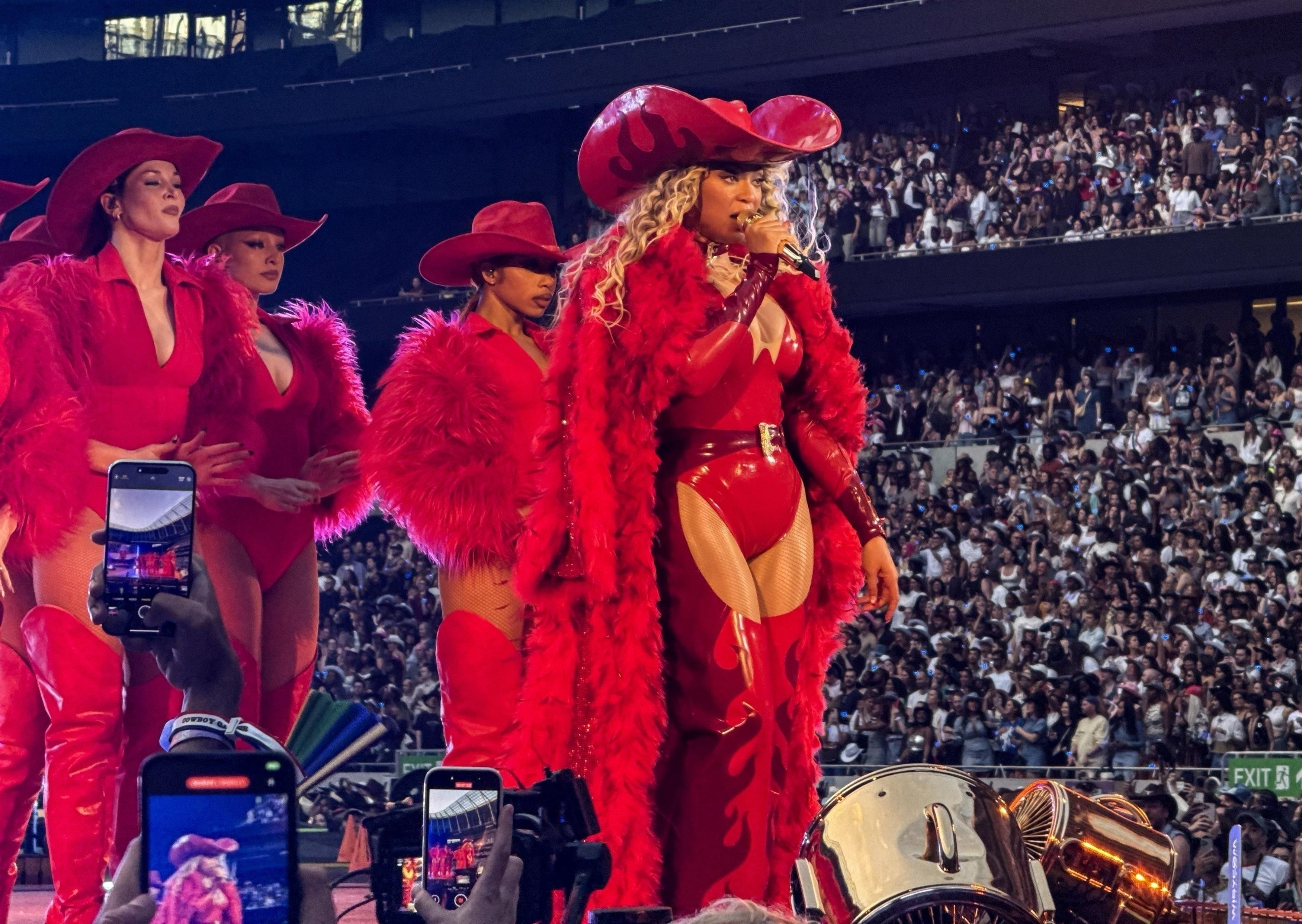 Beyoncé styles a red latex Poster girl look on the 'cowboy carter' tour in London