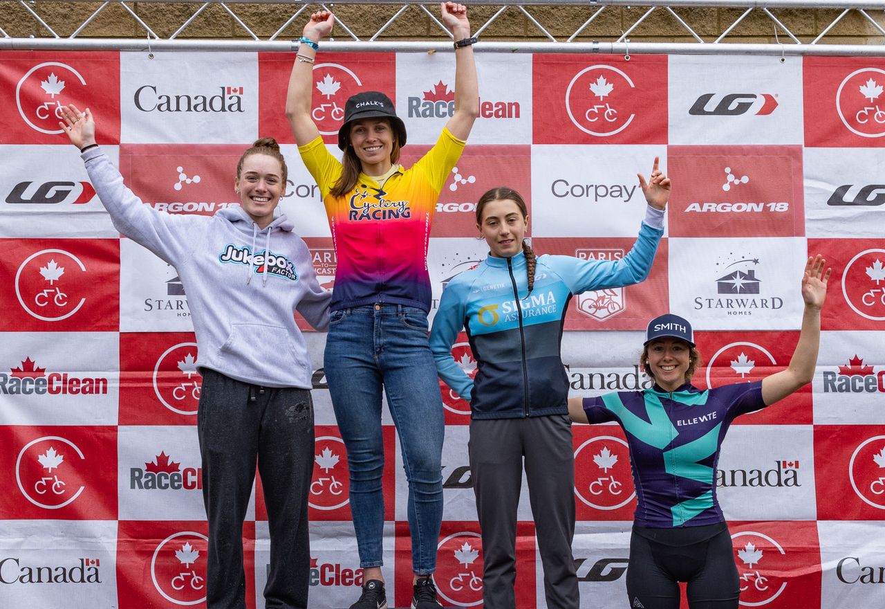 Elite Women's podium, winner Devon Clarke (The Cyclery) in centre