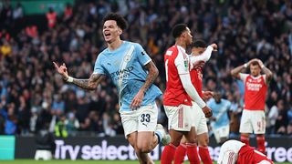 Nico O'Reilly of Manchester City celebrates scoring his team's first goal during the Carabao Cup Final match between Arsenal and Manchester City. 