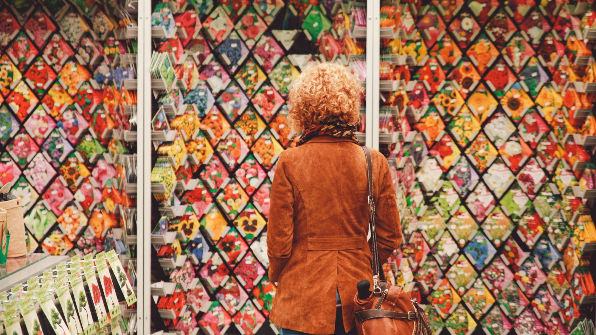 Back of a woman staring at rows of flower seeds