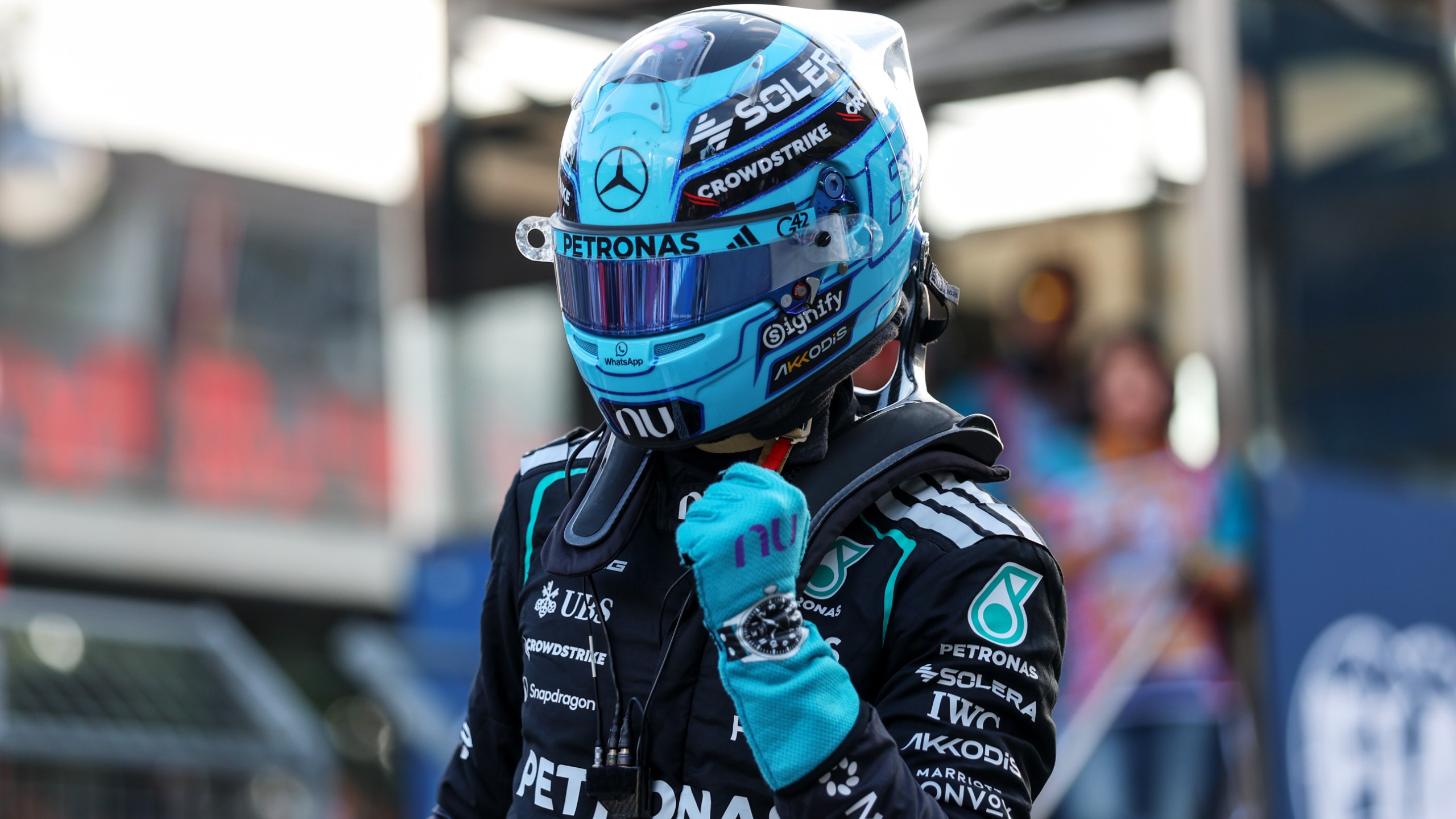 Pole position qualifier George Russell of Great Britain and Mercedes AMG Petronas F1 Team celebrates in parc ferme during qualifying ahead of the F1 Grand Prix of Azerbaijan