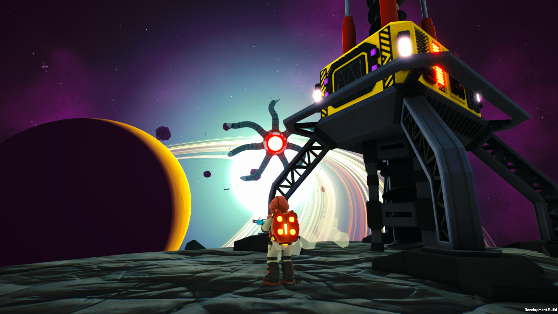 Screenshot of colorful astronaut and environment from Space Trash Scavenger