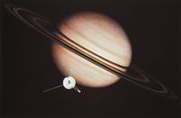 An artist's impression of the encounter between Pioneer 11 and Saturn in 1979