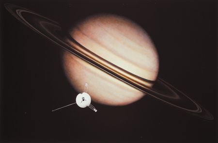 An artist's impression of the encounter between Pioneer 11 and Saturn in 1979
