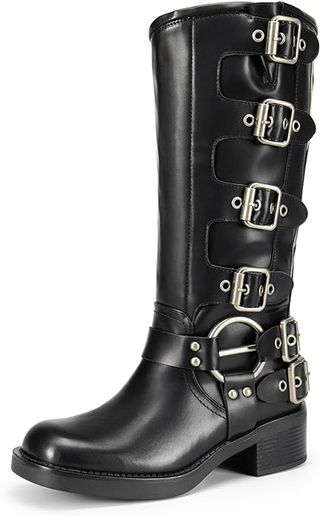 Dream Pairs Women's Knee High Riding Boots Slip on Motorcycle Boots Square Toe Chunky Heel Fashion Buckles Biker Boots,size 8,black,sdkb2416w