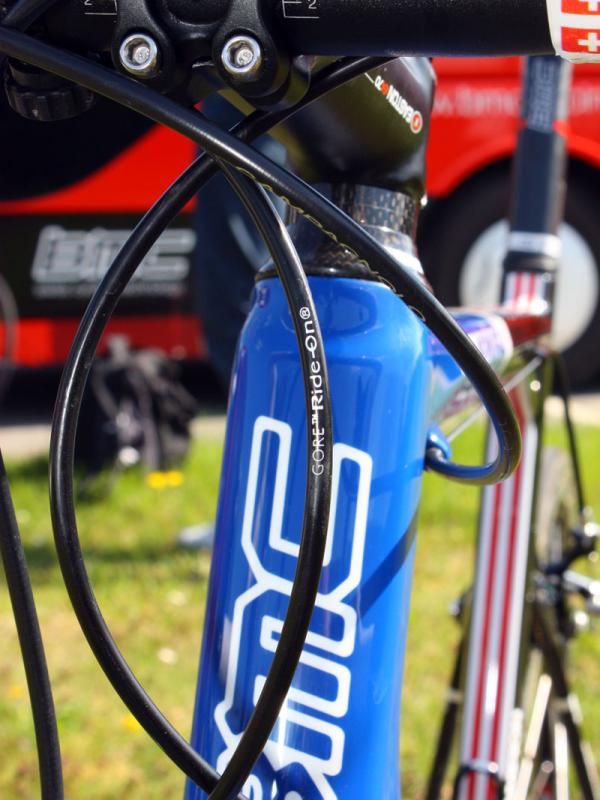 Team mechanics have fitted Hincapie's bike with a Gore Ride-On sealed derailleur cable set to preserve shifting performance during Paris-Roubaix.