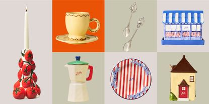 a sage and dusty pink checkerboard of product boxes that each include a tableware piece from the Damson Madder x Anthropologie collection.