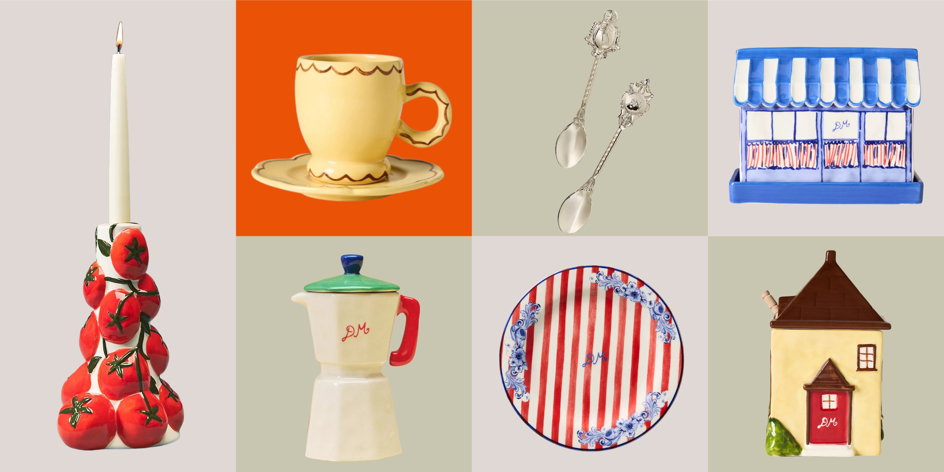 a sage and dusty pink checkerboard of product boxes that each include a tableware piece from the Damson Madder x Anthropologie collection. 