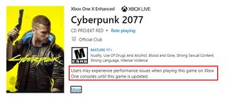 Xbox Store Cyberpunk 2077 Warning