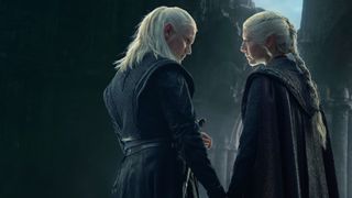 Daemon (Matt Smith) and Rhaenyra (Emma D&#039;Arcy) holding hands in &quot;House of the Dragon&quot; season 2 episode 8