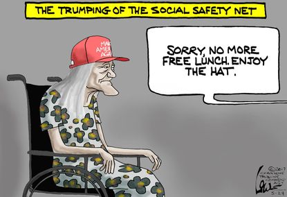 Political cartoon U.S. Trump budget Medicaid safety net MAGA