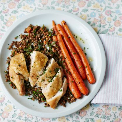 Chicken Supremes with Puy Lentils and Cumin-Glazed Carrots