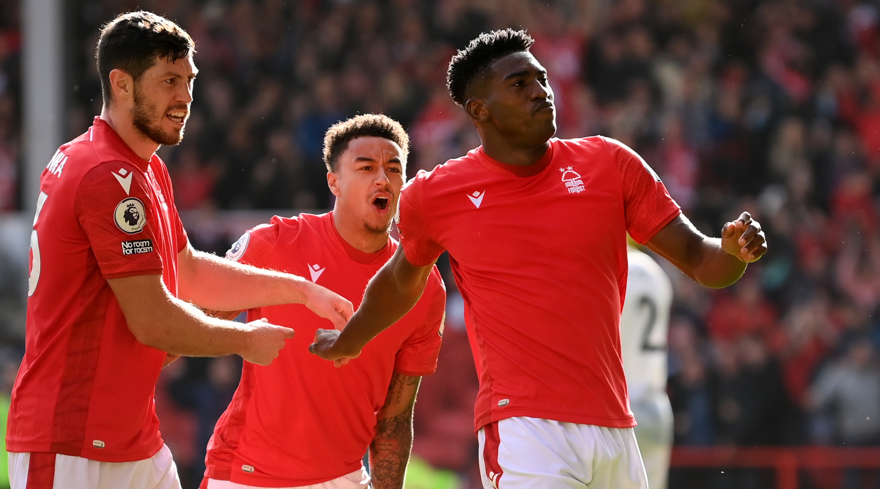 Nottingham Forest striker Taiwo Awoniyi celebrates with his teammates after scoring his team's goal during the Premier League match between Nottingham Forest and Liverpool on 22 October, 2022 at the City Ground, Nottingham, United Kingdom