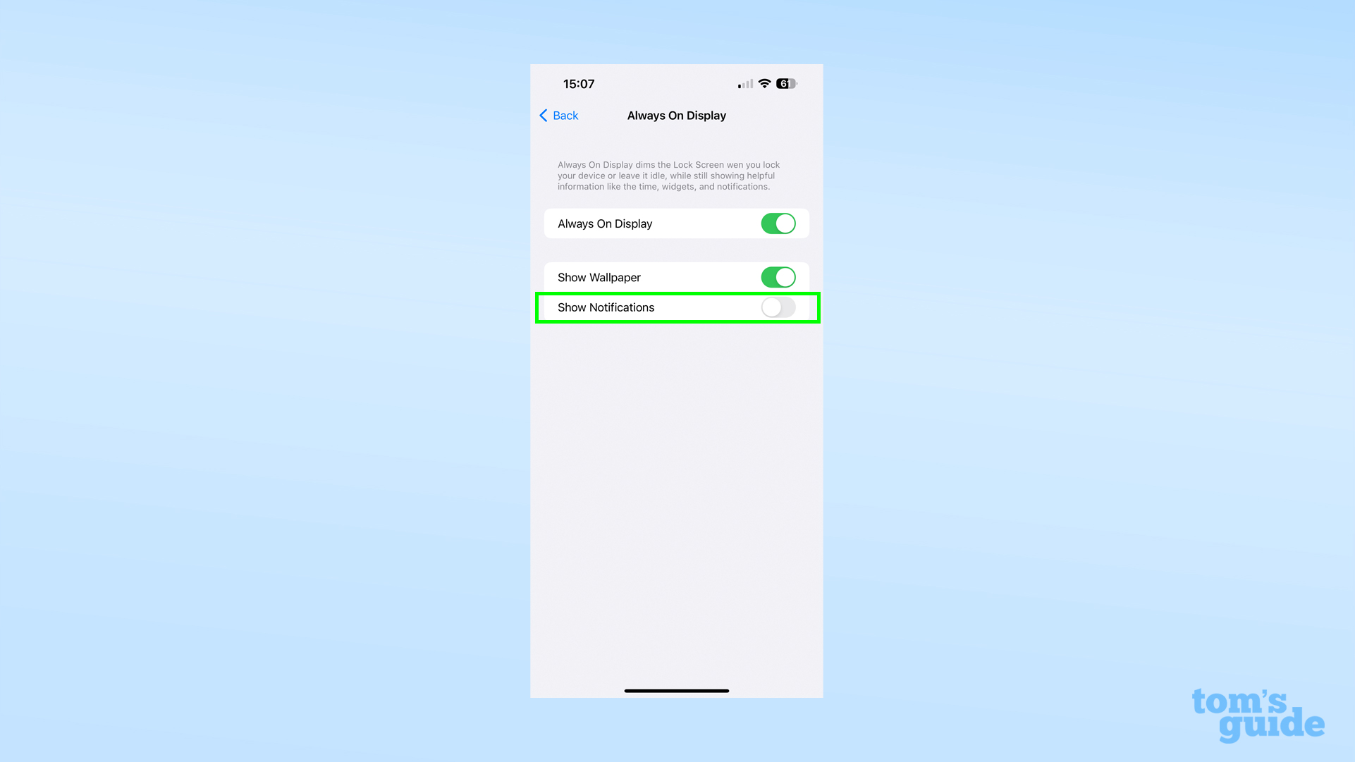 Скриншот приложения «Настройки iOS 16.2», показывающий постоянно включенное меню с отключенным переключателем уведомлений.