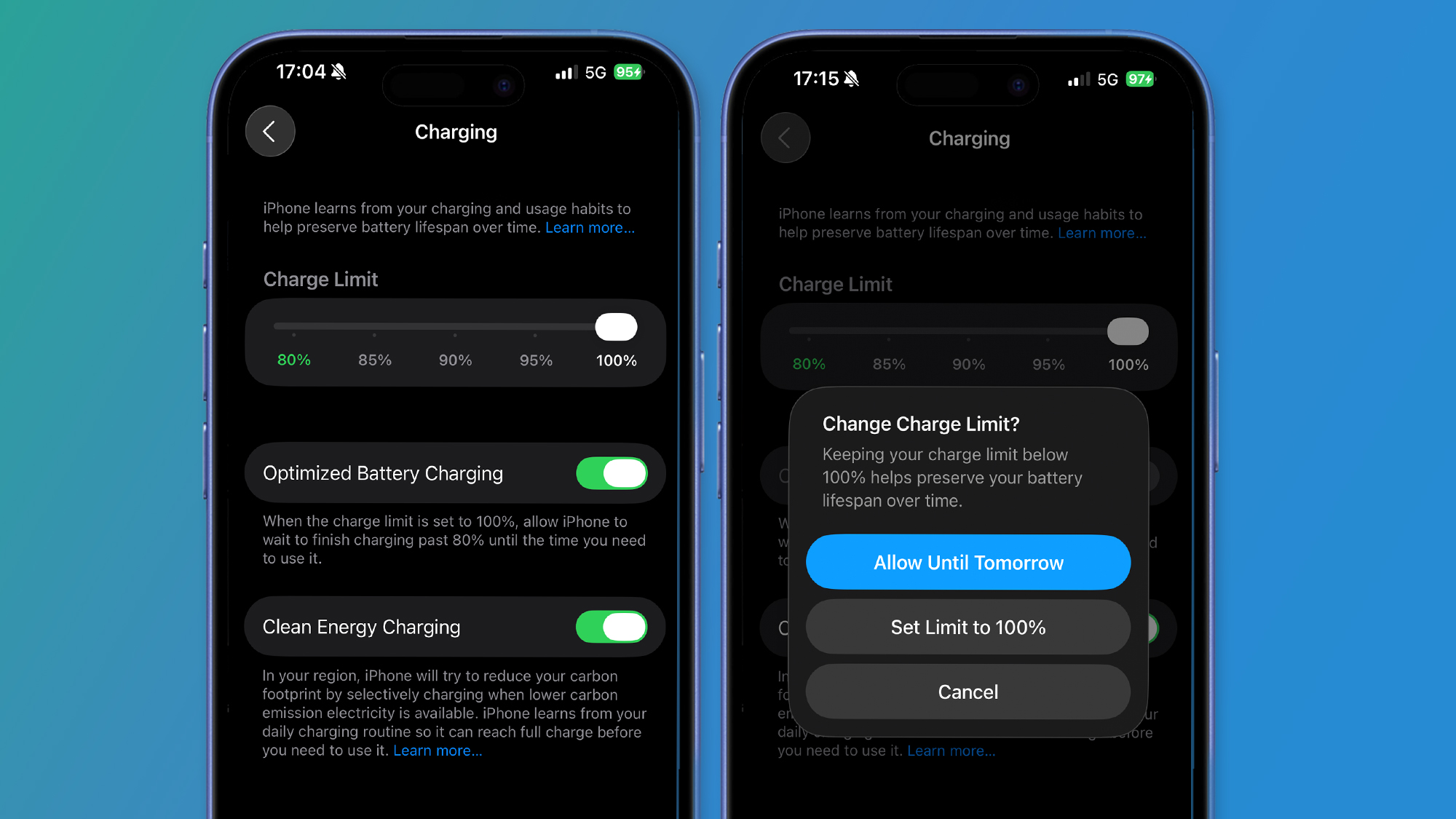 Two iPhones on a green and blue background showing the charging settings