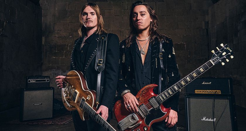 Mirador&#039;s Jake Kiszka and Chris Turpin photographed in an old castle with their guitars.