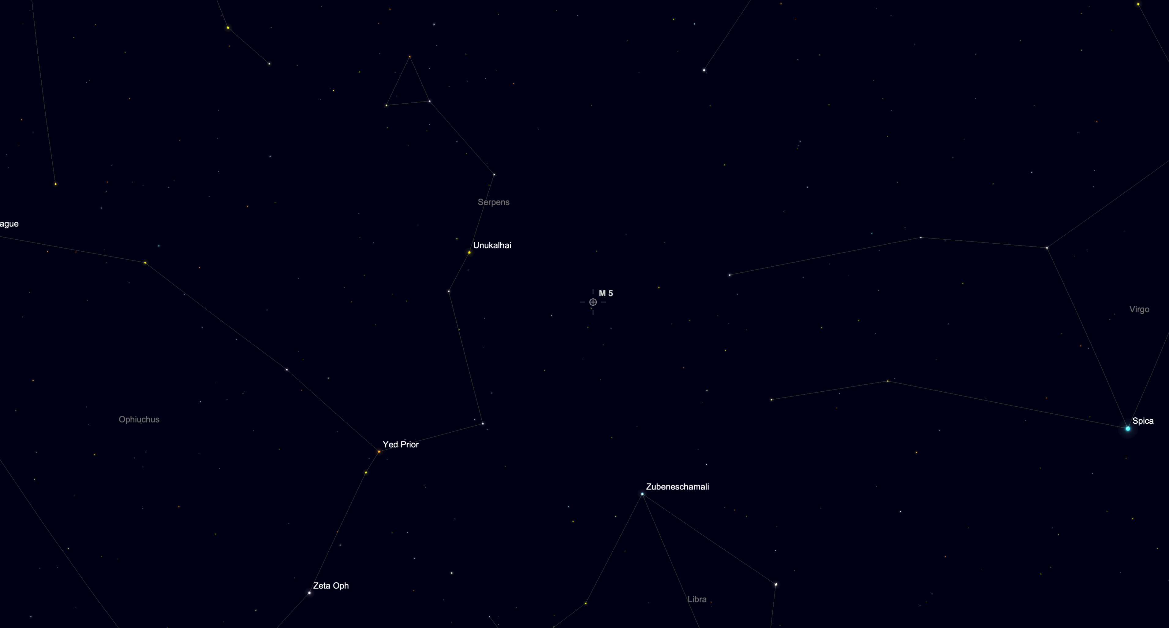 Star chart showing globular cluster M5 between the constellations Serpens and Virgo.