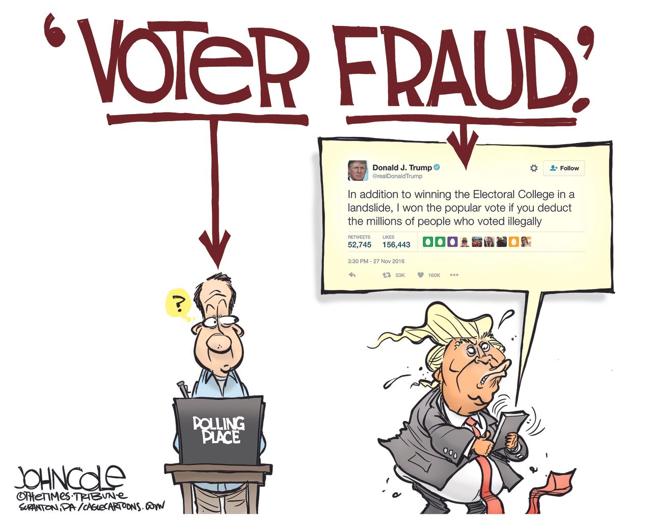 Political cartoon U.S. Donald Trump voter fraud allegations