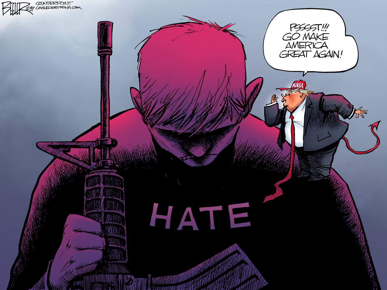 Political Cartoon U.S. Trump Mass Shootings Hate Whisperer MAGA