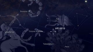 The HR 6819 triple system, which consists of two stars and a black hole, is located in the modern constellation of Telescopium, which is visible from the Southern Hemisphere. The fifth-magnitude stars are bright enough to see without binoculars or a telescope under a clear, dark sky.