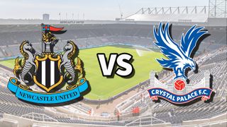 The Newcastle United and Crystal Palace club badges on top of a photo of St. James' Park in Newcastle-upon-Tyne, England