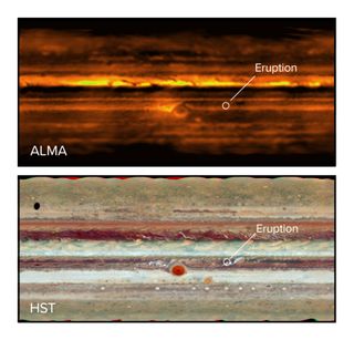 Jupiter's atmosphere as seen in radio waves by ALMA and in visible light by the Hubble Space Telescope.
