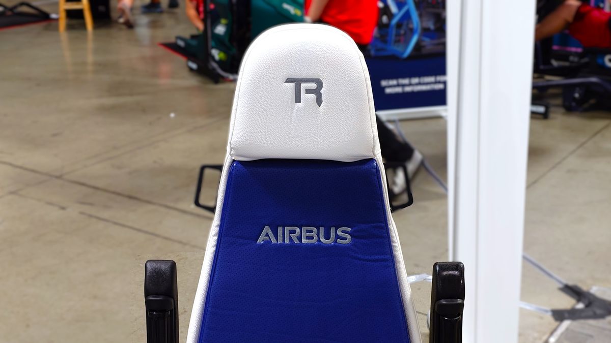 Photos of the Trak Racer Airbus TR550 flight simulator cockpit showcasing the design of the seat.