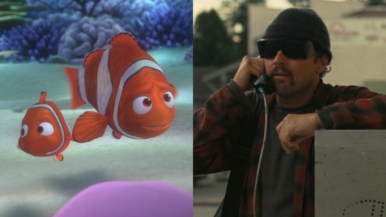From left to right: Nemo and Marlin holding fins in Finding Nemo and Leonardo DiCaprio as Bob talking into a payphone in One Battle After Another.
