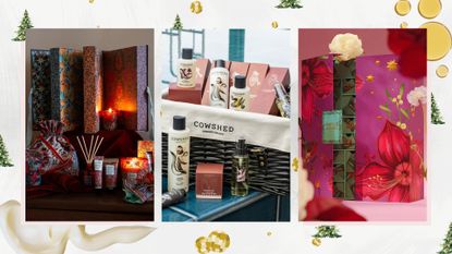 Trio of pictures of the best beauty advent calendars 2026 on a white background with green Christmas trees and gold disco balls, oil and cream swatches
