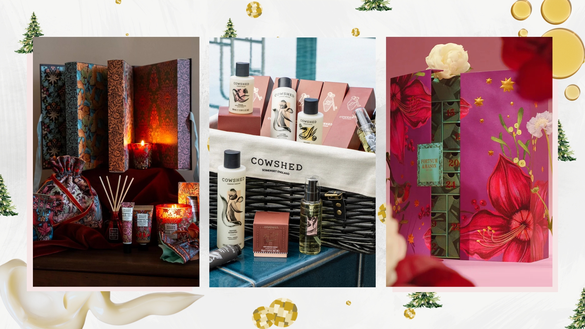 Trio of pictures of the best beauty advent calendars 2026 on a white background with green Christmas trees and gold disco balls, oil and cream swatches
