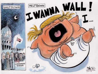 Political cartoon U.S. Trump border wall shutdown