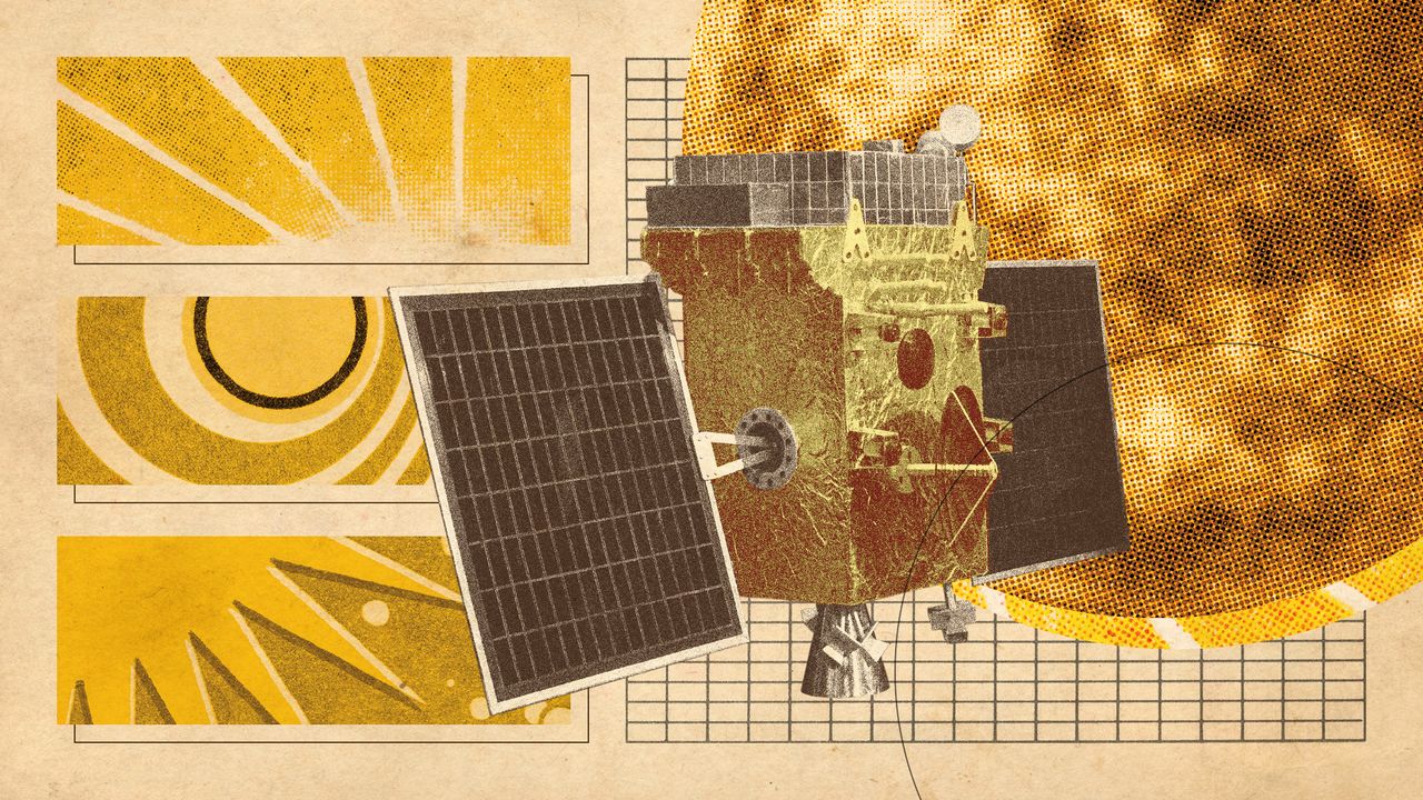 Photo collage of the Aditya-L1 probe model and illustrations of the Sun.