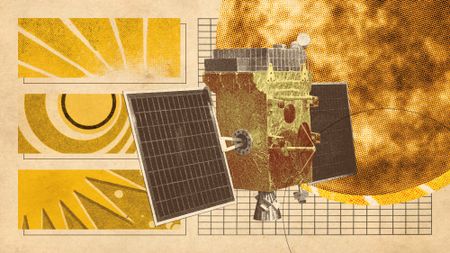 Photo collage of the Aditya-L1 probe model and illustrations of the Sun.