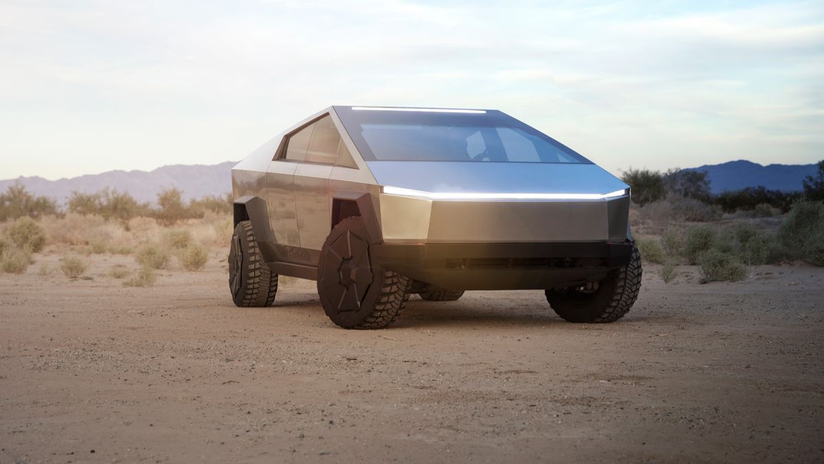 The Tesla Cybertruck parked in the desert