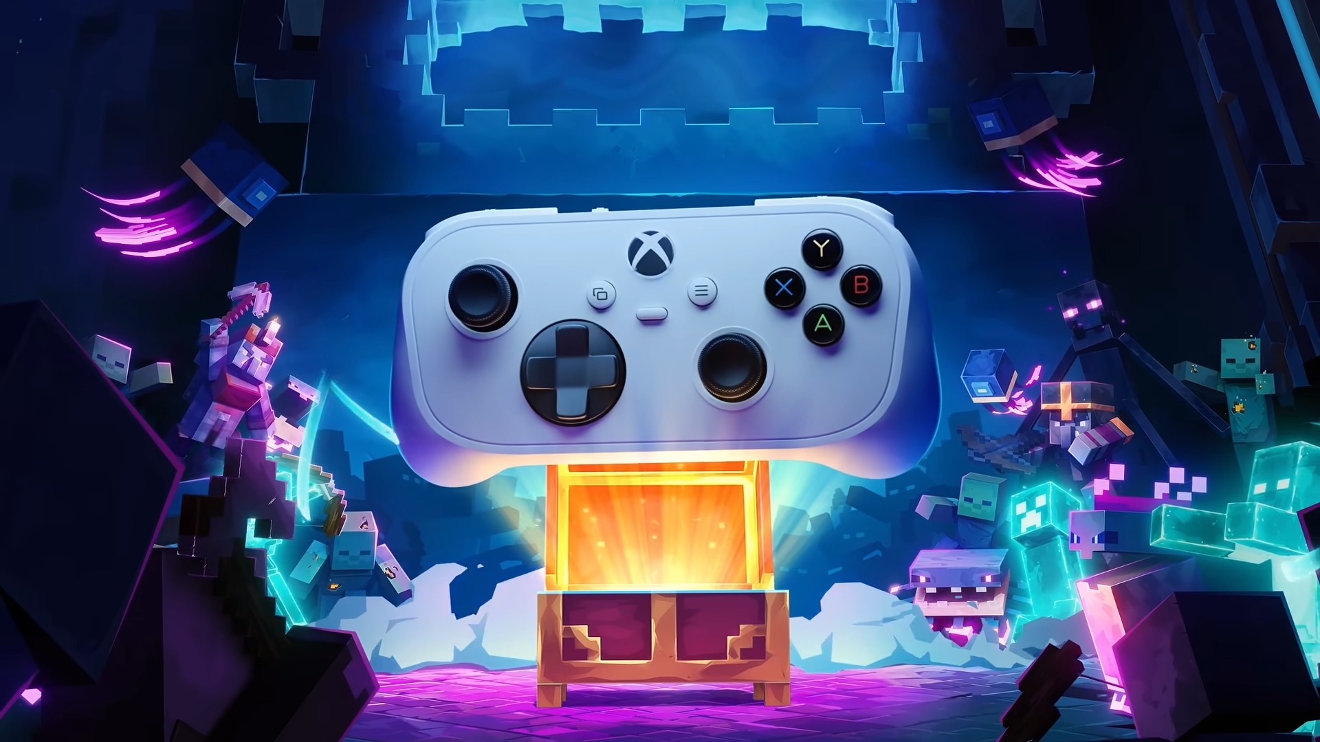 The Xbox Nano Controller coming out of an Minecraft Legends chest