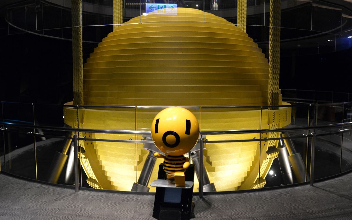 The massive earthquake damper in Taipei 101, a 101-story skyscraper in earthquake-prone Taiwan.