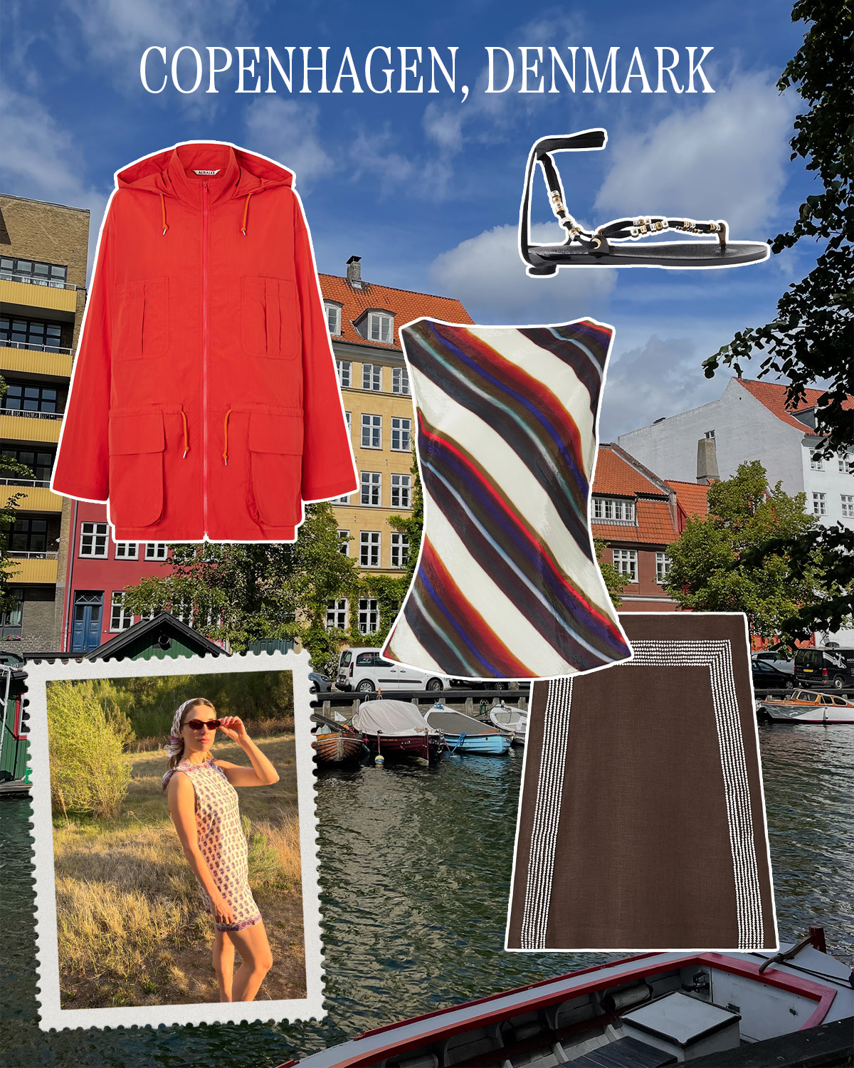a collage of stylist and tastemaker outfits with vacation destination imagery and products featuring what to pack there