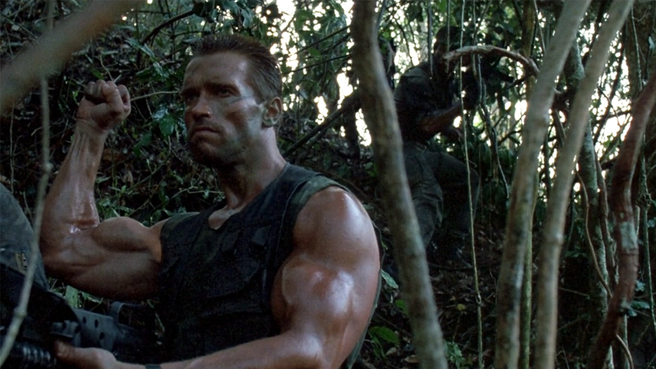 Arnold Schwarzenegger with bulging muscles in Predator