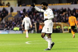 Wilfried Bony gestures during an FA Cup clash between Swansea City and Wolves at Molineux in January 2018.