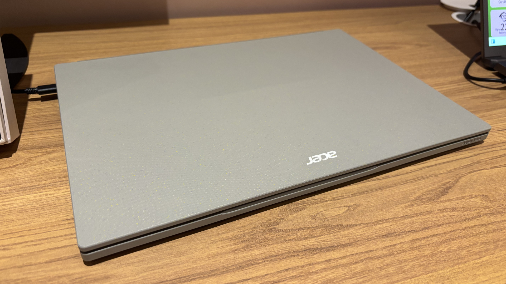 Acer Aspire Vero 16 laptop, screen closed to show off the oyster shell body