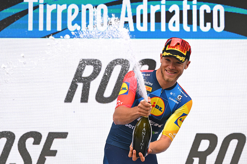 SAN BENEDETTO DEL TRONTO, ITALY - MARCH 15: Jonathan Milan of Italy and Team Lidl - Trek celebrates at podium as stage winner during the 61st Tirreno-Adriatico 2026, Stage 7 a 142km stage from Civitanova Marche to San Benedetto del Tronto / #UCIWT / on March 15, 2026 in San Benedetto del Tronto, Italy. (Photo by Tim de Waele/Getty Images)
