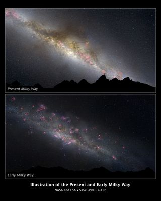 What a difference 11 billion years makes, as can be seen in these two comparative views of our Milky Way galaxy. The top view shows how our galaxy looks today; the bottom view, how it appeared in the remote past. This photo illustration is based on a Hubble Space Telescope survey of evolving Milky Way-type galaxies.
