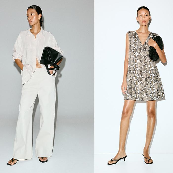 models wear a shift dress, red tank and white skirt, and white linen set 