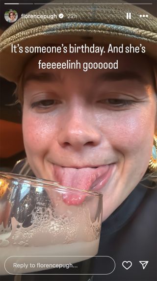 Florence Pugh's Instagram Story of her licking a blass of dark beer with the caption: 