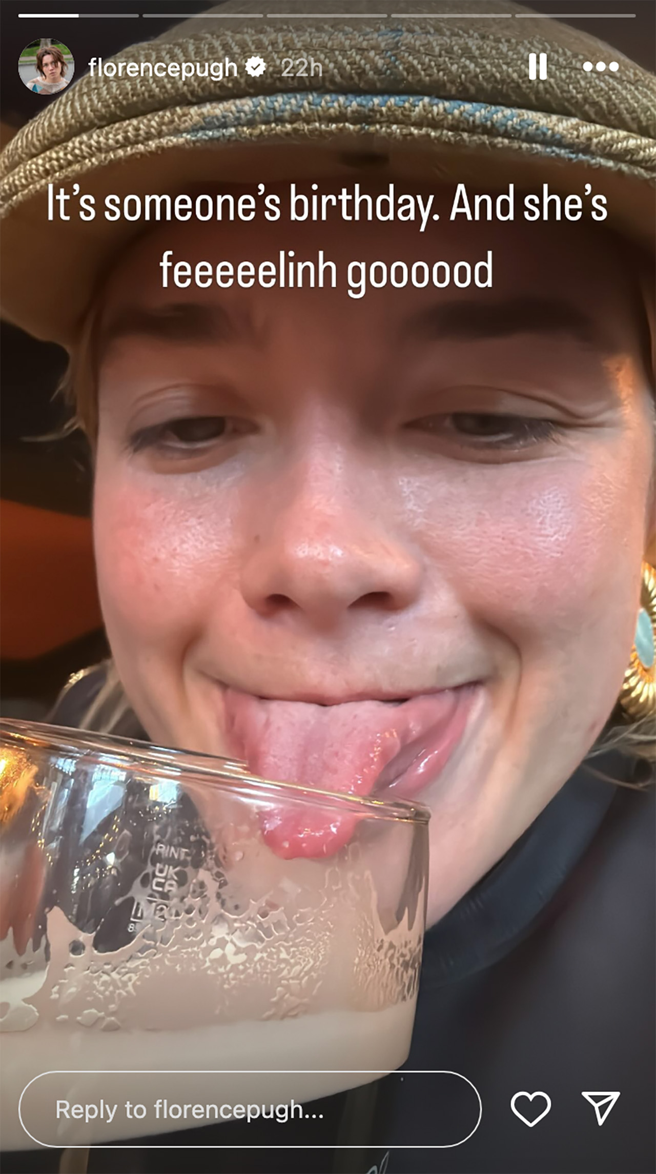 Florence Pugh's Instagram Story of her licking a blass of dark beer with the caption: 