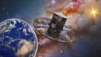 An illustration shows the shutdown Gaia spacecraft telescope drift between Earth and the sun as the Milky Way looks on