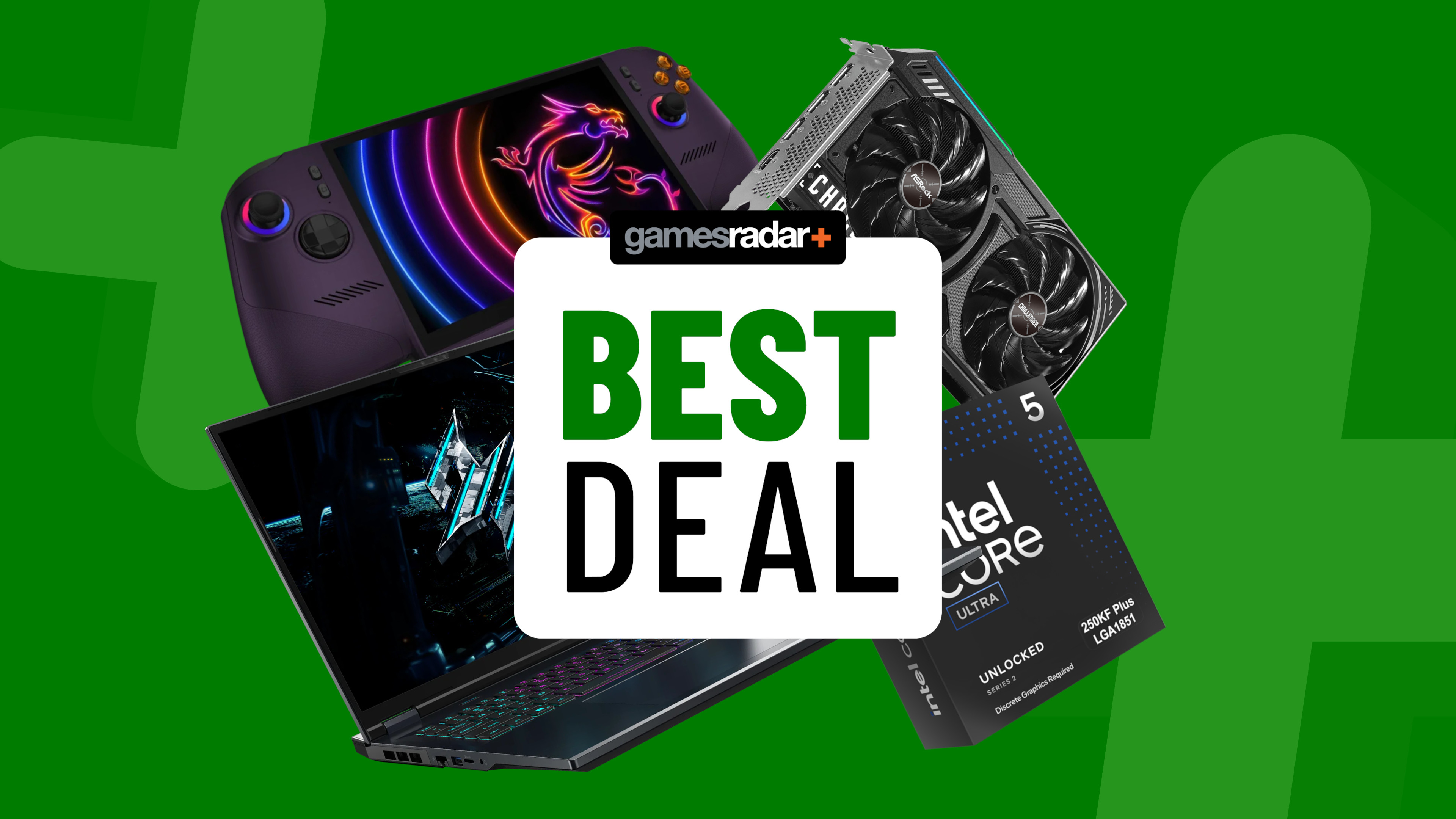 MSI handheld, AS Rock GPU, Intel Core processor, and Acer gaming laptop on a green background with best deal badge