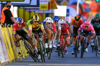 Jumbo-Visma’s Dylan Groenewegen (in yellow) was handed a nine-month ban by the UCI for having caused the crash at the 2020 Tour de Pologne that left Dutch road race champion Fabio Jakobsen (Deceuninck-QuickStep) fighting for his life
